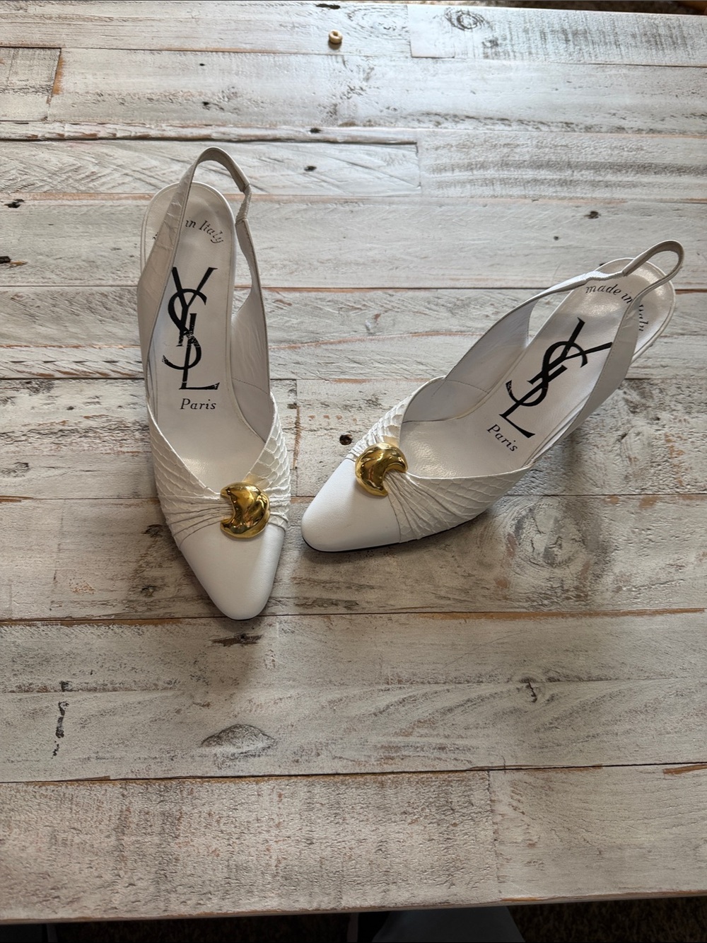 Saint Laurent White Leather Pointed Slingback Pumps with Gold Accent